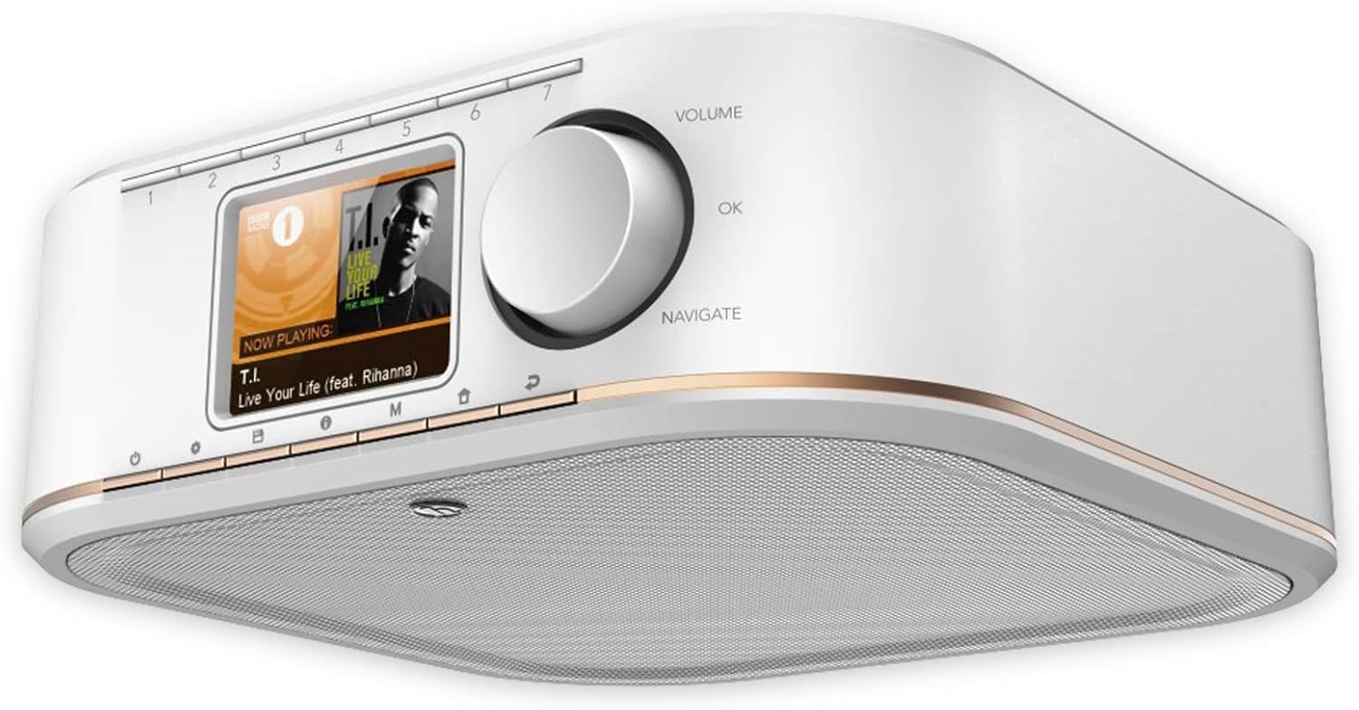 Hama Internetradio Küchenradio Unterbau (Streaming Spotify, unterbaufähig, 2,4 Zoll Farbdisplay, WiFi/WLAN, 2 Weckzeiten, Multiroom, Klemmmontage ohne Bohren, gratis Radio-App, Eieruhr) weiß/kupfer