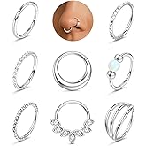 LOLIAS Septum Nose Rings Hoops - 316L Surgical Steel Septum Rings CZ Opal Silver 14K Gold Plated Hoop Nose Ring for Women 16G/18G Clicker Cartilage Earring Conch Daith Nostril Piercing Jewelry 8mm/10mm 8Pcs