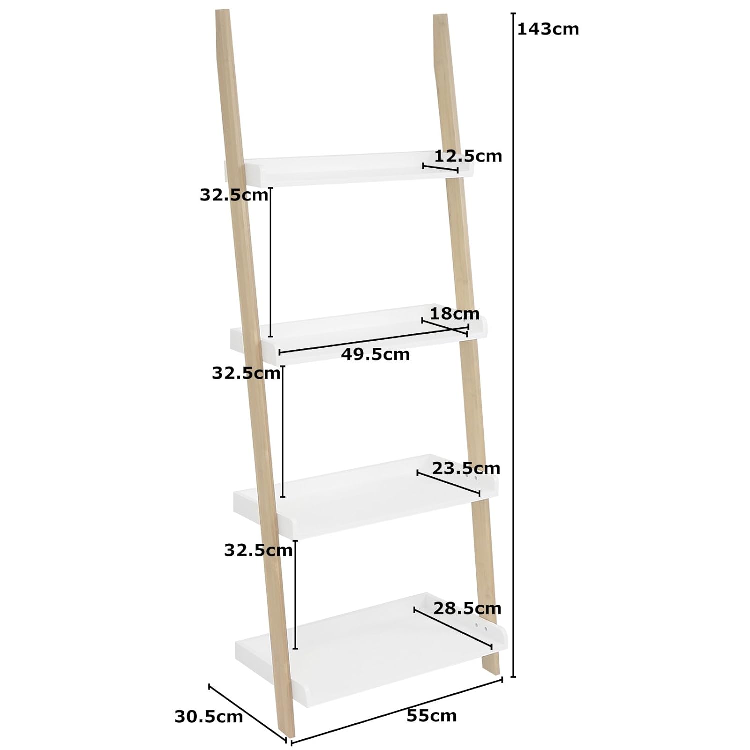 Hartleys White & Bamboo 4 Tier Ladder Shelf Home & Garden Store Bookcases