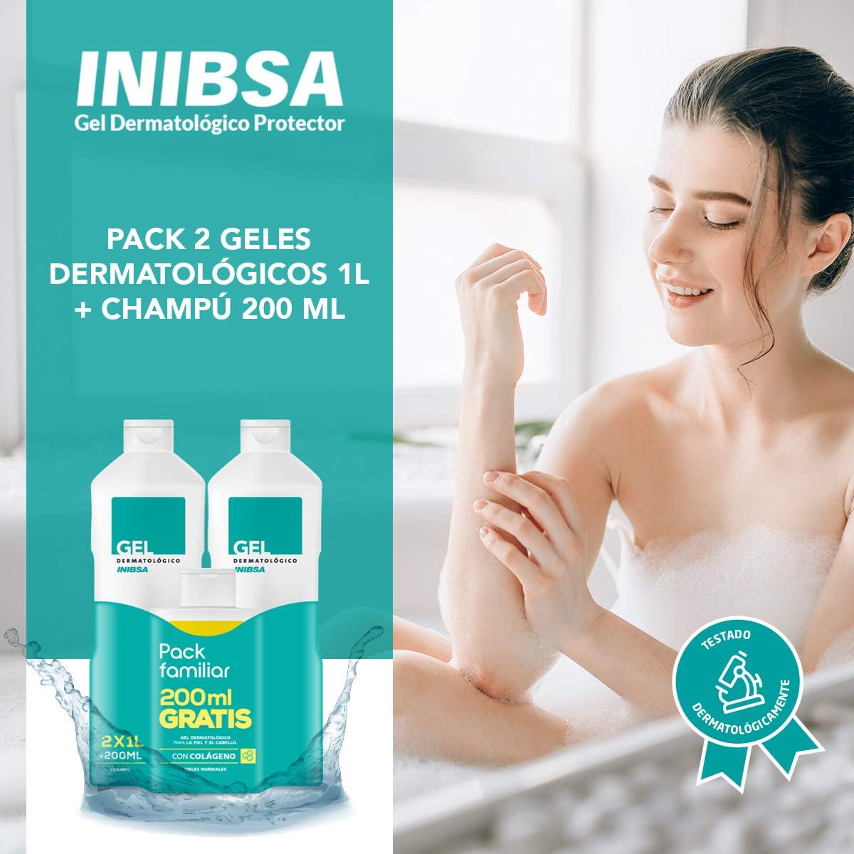 Geles Inibsa Gel Dermatológico Shower Gel (2 x 1000 ml) plus Shampoo (200 ml), 1 Pack, 200 Milliliters - Image 3