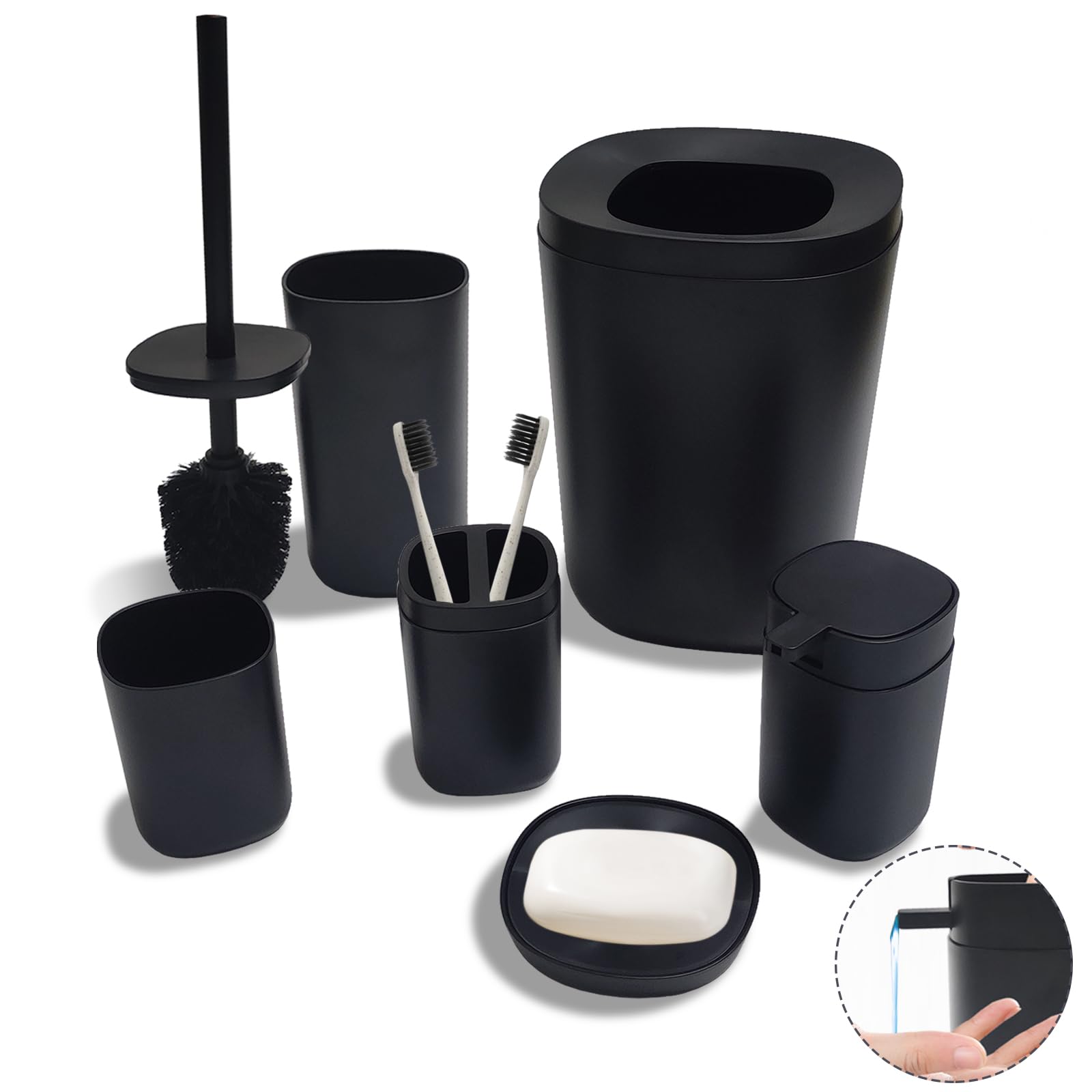 Photo 1 of Bathroom Accessories Set, 6pcs Bathroom Accessory Set with Trash Can, Toilet Brush Set?Toothbrush Holder, Toothbrush Cup, Soap Dispenser, Soap Dish(Black)