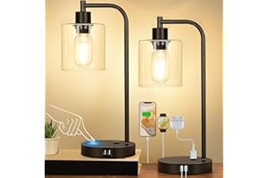 Set of 2 Industrial Touch Control Table Lamps with USB C+A Ports and AC Outlet - 3-Way Dimmable Black Bedside Lamps Nightstan