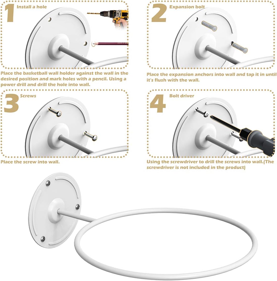 Suchek Steel Ball Holder Wall Mount, Display Rack Storage for Soccer, Basketball, Volleyball (2 Packs) (White): Sports & Outdoors