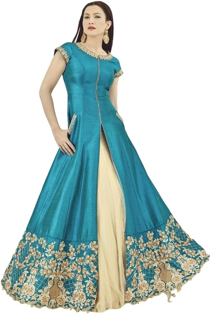 EthnicWear Turquoise Two Tone Art Silk Women Sangeet Party Wedding Wear Gauhar Khan Embroidered Resham Work Lehang Suit