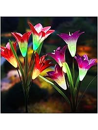 Solar Lights Outdoor - New Upgraded Solar Garden Lights, Multi-Color Changing Lily Solar Flower Lights for Patio,Yard Decoration, Bigger Flower and Wider Solar Panel(2 Pack, Purple and Red)