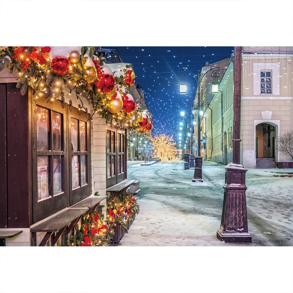 Aoihrraan 2,7x1,8m Christmas Town Backdrop Lamp Winter Snow Street Building Xmas Eve Photography Background Baby Shower Happy New Year Holiday Party Decoration Banner Portrait Photo Studio Props