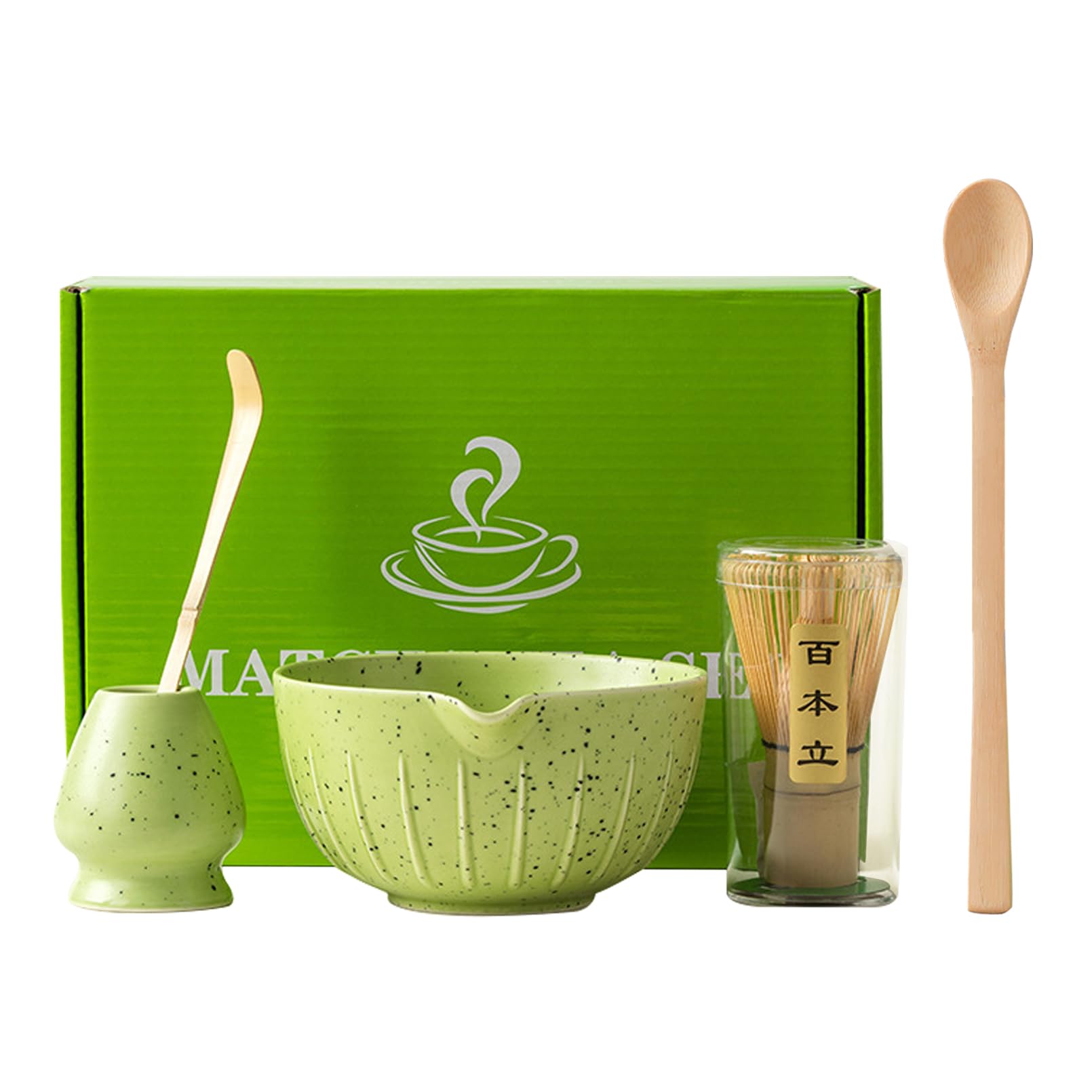 Matcha Tea Set with Whisk and Bowl, Matcha Whisk Matcha Spoon Ceramic Matcha Whisk Holder Matcha Ceremony Kit(Green)