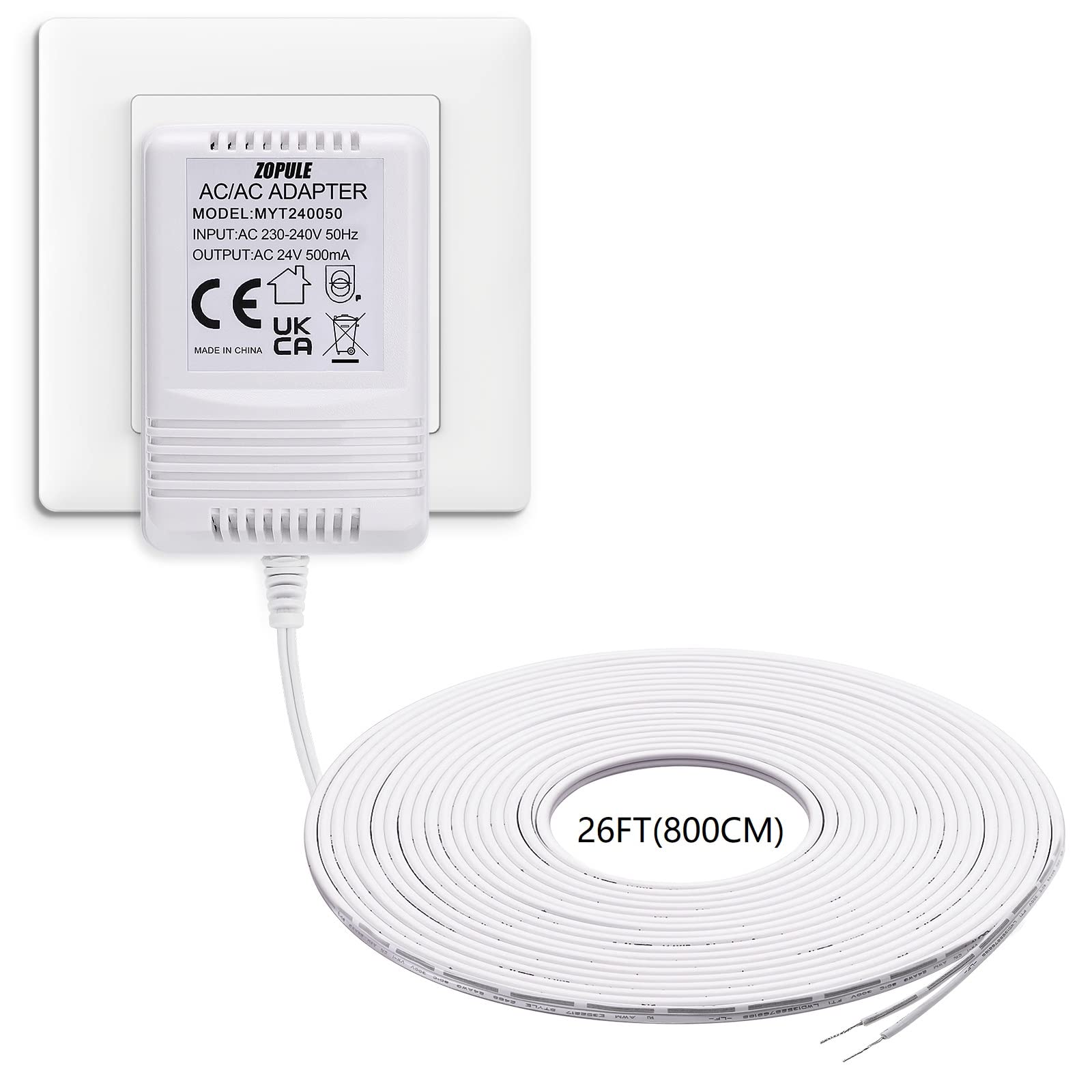 24Volt 500mA Doorbell Transformer Competible with All Versions of Ring Doorbell and Nest Hello Doorbell,C Wire Adapter for Nest,Ecobee, Sensi and Honeywell Thermostat,8M (315") Long Cable