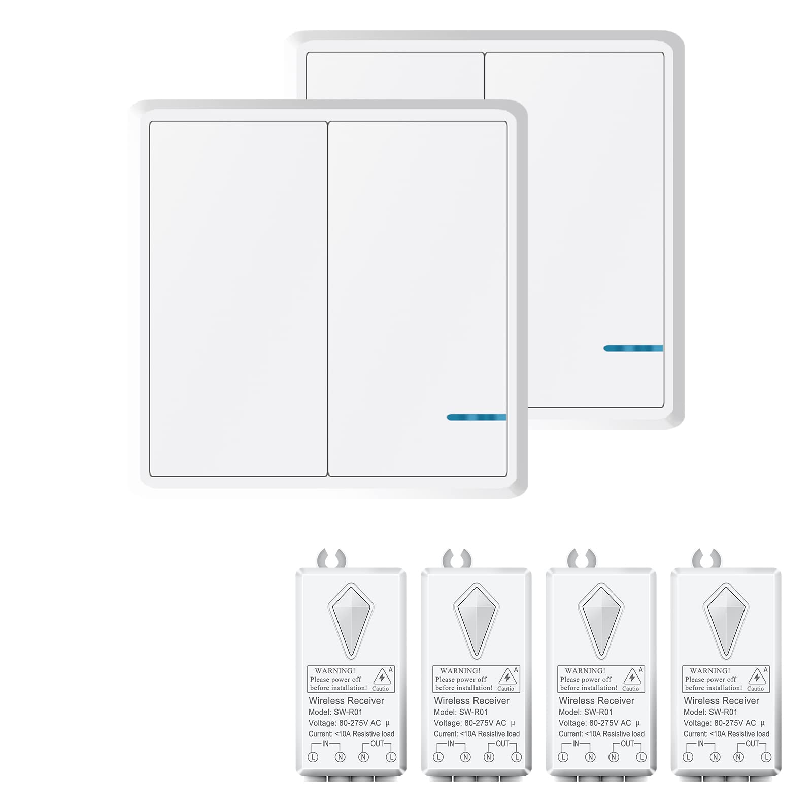 NineLeaf Wireless Switches for Lights,Wireless Light Switches Kit, IP66 Waterproof, V0 Fireproof, Easy Installation, On/Off Remote Control Switch for House Lighting,2PK Two-Way Switch & 4PK Receivers