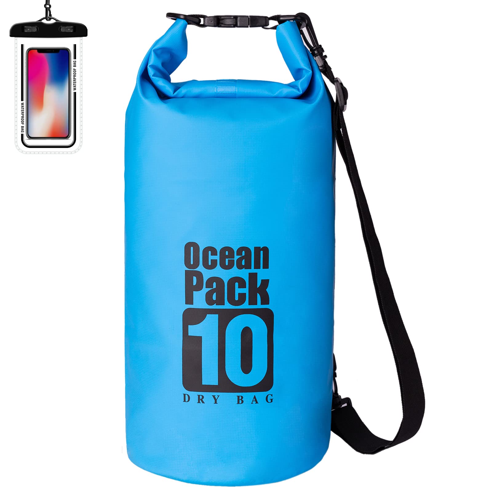 Yearnlife Waterproof Bag 10L Dry Bag, with Phone Pouch Long Adjustable Strap for Swimming/Boating/Camping/Hiking/Fishing Blue