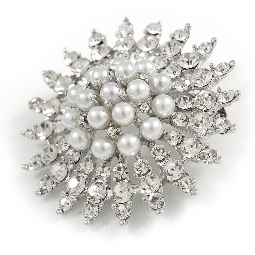 Bridal/Prom/Wedding Faux Pearl Crystal Corsage Brooch In Silver Tone - 50mm D