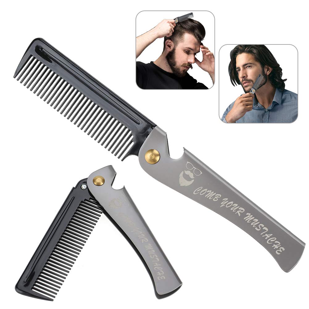 Men's Comb, Folding Hair and Beard Tool with Stainless Steel Handle Smoothing Mustaches Combing