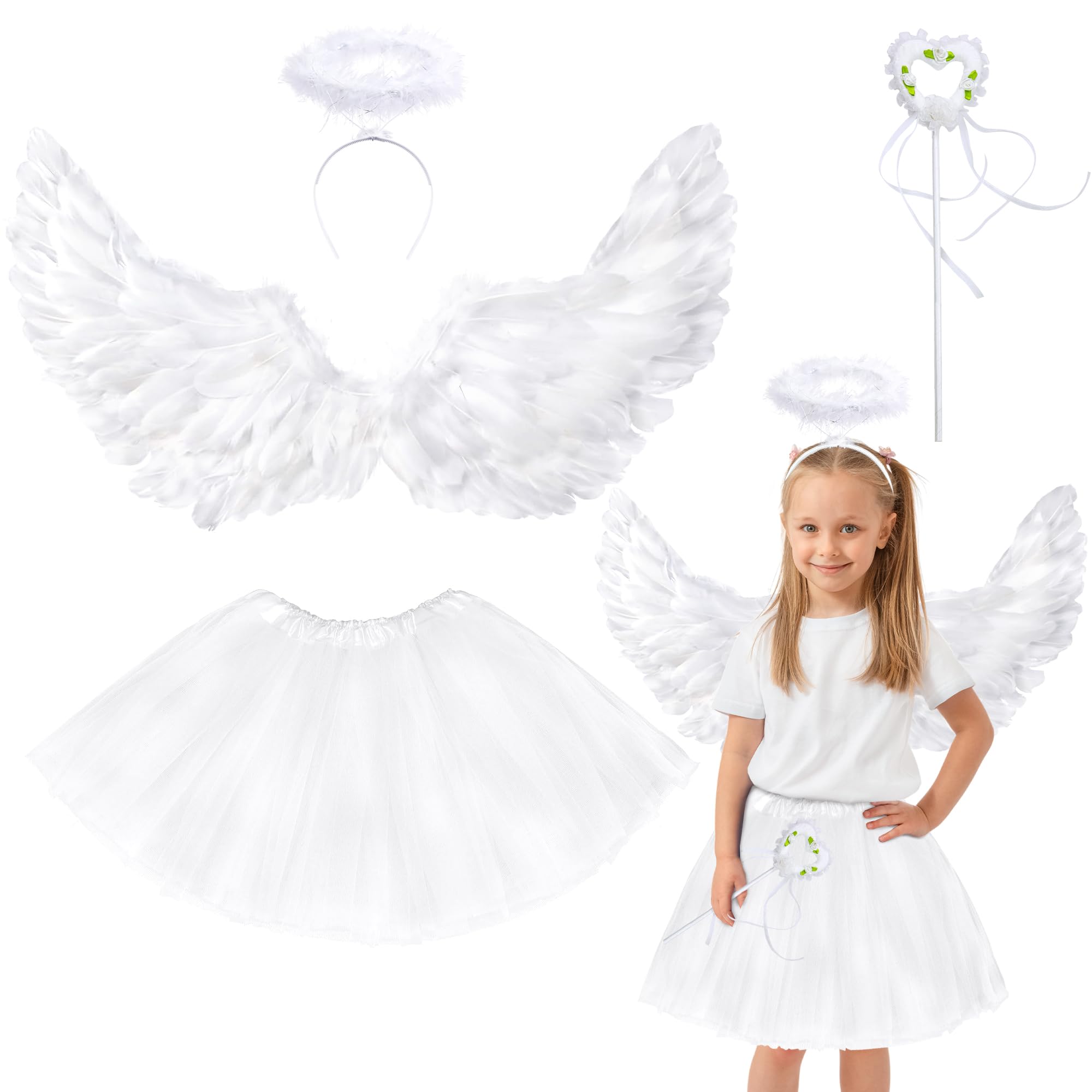 Goenb Angel Wings, 63 * 33cm White Angel Wings and Halo Wand Angel Costume Accessories with Tulle Tutu Skirt for Women Girls for Halloween Christmas Fancy Dress Up — image 1