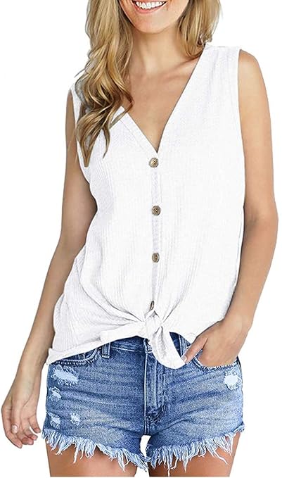 Womens Tank Tops Summer Button Down Shirts Loose Waffle Knit Clothes White L at Amazon Womenâs 