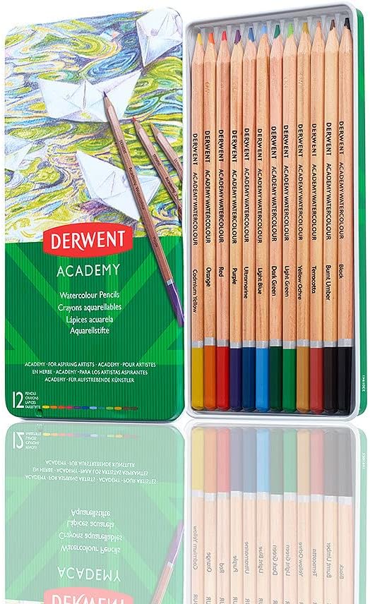 Derwent Academy Watercolour Pencils 12 in Tin Set Blendable Multicolour