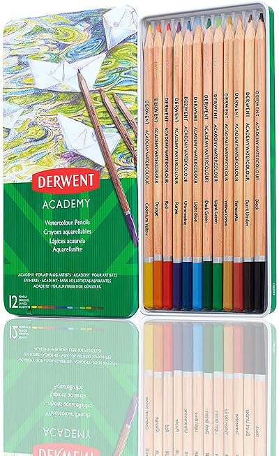 Derwent Academy Watercolour Pencils 12 in Tin Set Blendable Multicolour