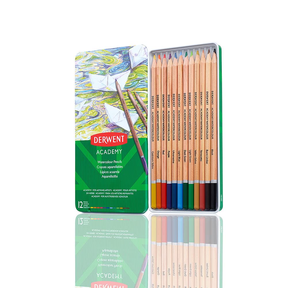 Derwent Academy Watercolour Pencils, Set of 12 in Tin, Blendable Multicolour Artist’s Pencils, Ideal for Wet or Dry Colouring, Drawing & Illustration, Premium Hobbyist Quality, 2301941