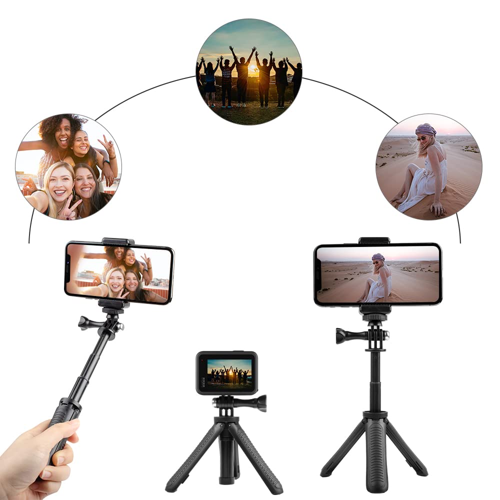 Taisioner Mini Pocket Selfie Stick Shorty Tripod Handle Grip Pole Three in One for GoPro AKASO Insta360 DJI Osmo Action Camera and Smart Phone Kid Adult Available Accessories Black