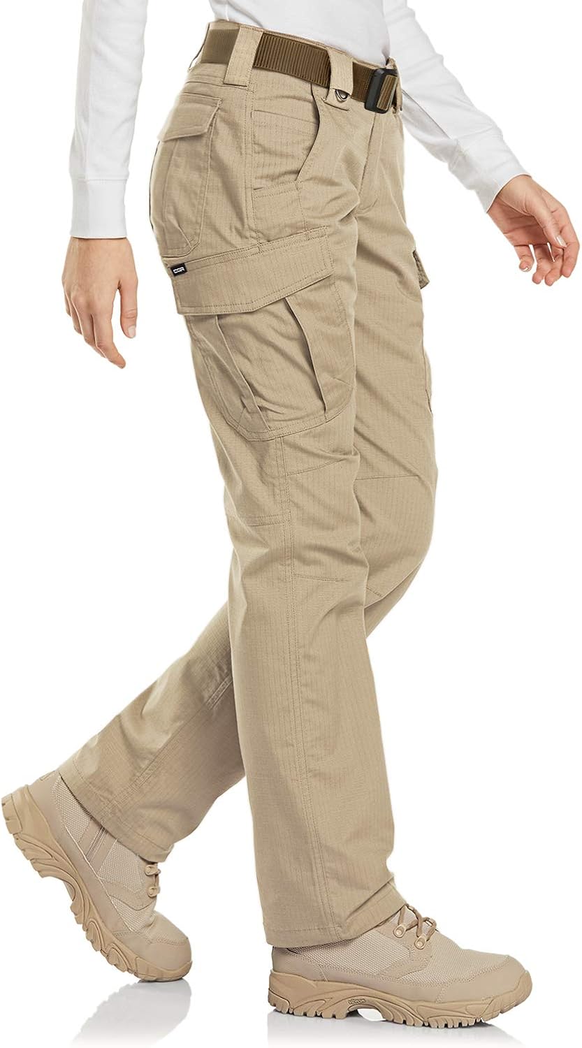 CQR Women's Flex Stretch Tactical Pants, Water Repellent Ripstop Work Pants, Elastic Waist Straight/Cargo Pants with Pockets: Clothing