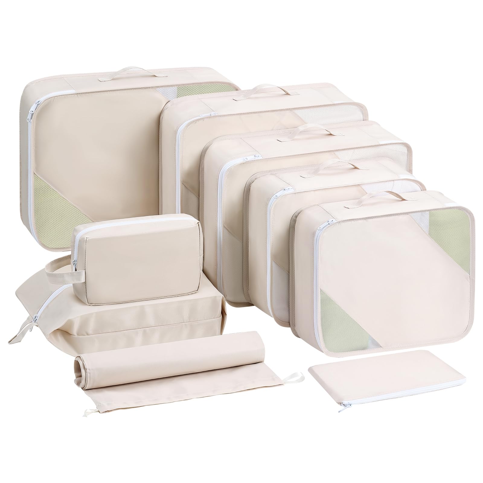 Large Packing Cubes for Travel Mesh Packing Cubes Suitcase Organizer Bag Set Luggage Packing Organizers for Travel Accessories 9 Set (Beige)