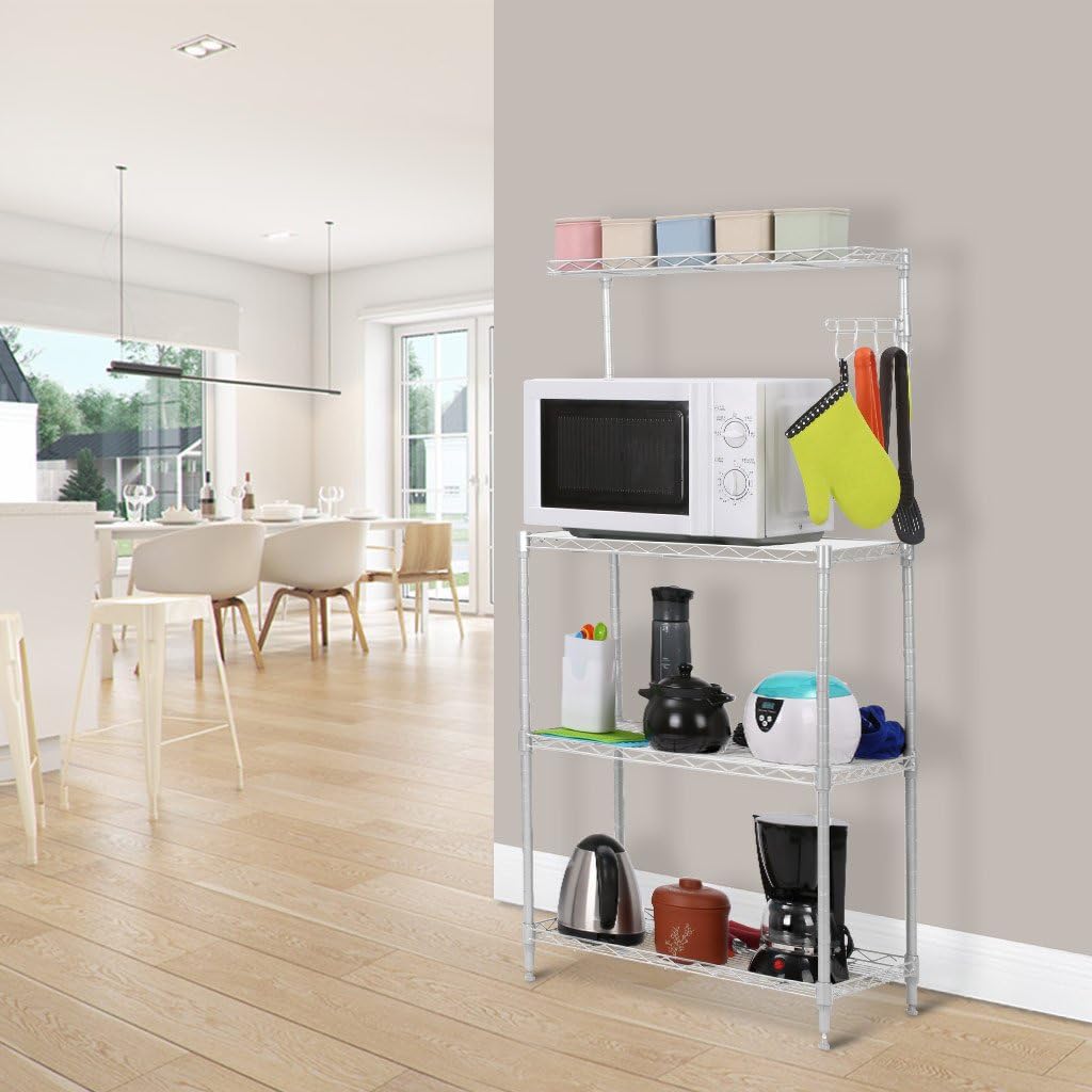 LANGRIA 3 Tier Microwave Stand Storage Rack, Kitchen Wire Shelving Microwave Oven Baker’s Rack with Spice Rack Organizer, Silver Grey - Standing Baker's Racks