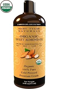 Organic Sweet Almond Oil (16 oz) USDA Organic, Cold Pressed, Hexane Free, 100% Pure, Amazing Moisturizer for Skin Best Carrier oil for all Your DIY Projects Great as Baby Oil by Mary Tylor Naturals