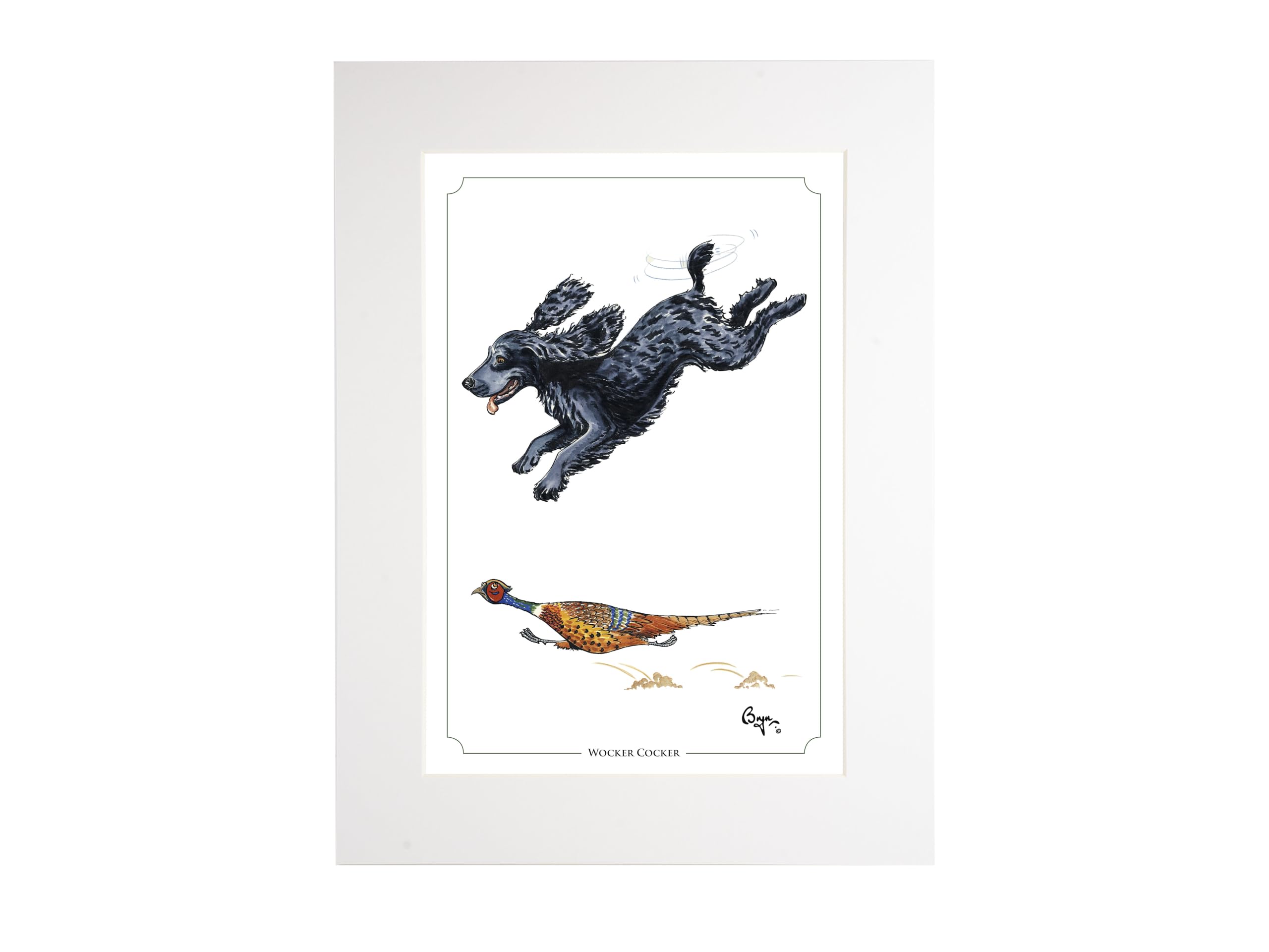Bryn Parry Cocker spaniel cartoon. Open edition, embossed, collectable framed print. Wocker Cocker