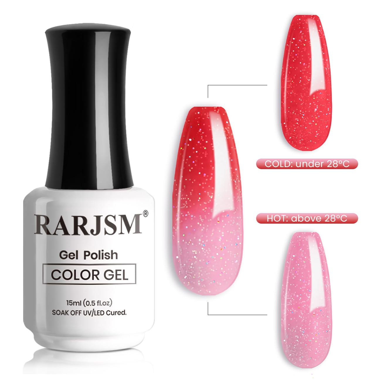 RARJSM Color Changing Gel Nail Polish 15ML Pink to Red Iridescent Glitter Temperature Change Gel Polish Soak off UV Thermal Gel Nail Polish for Nail Art Manicure DIY Salon at Home - Image 2