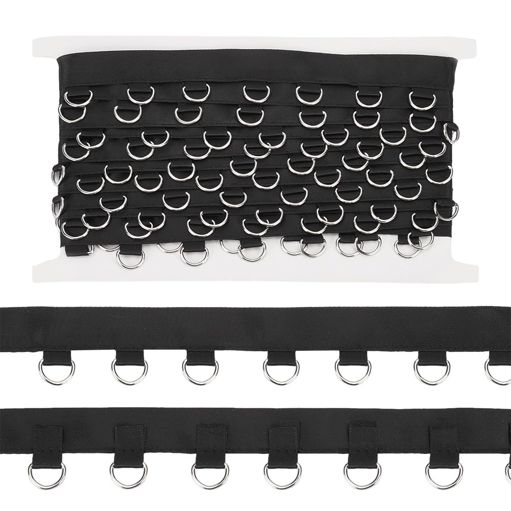 BENECREAT 3.65m Black Grommet Trim with D Rings(6.5x10.5mm), 2.9cm Wide Polyester Grommet Eyelet Twill Tape Trim, Metal Eyelet Ring Ribbon Strip for Sewing Crafts Making