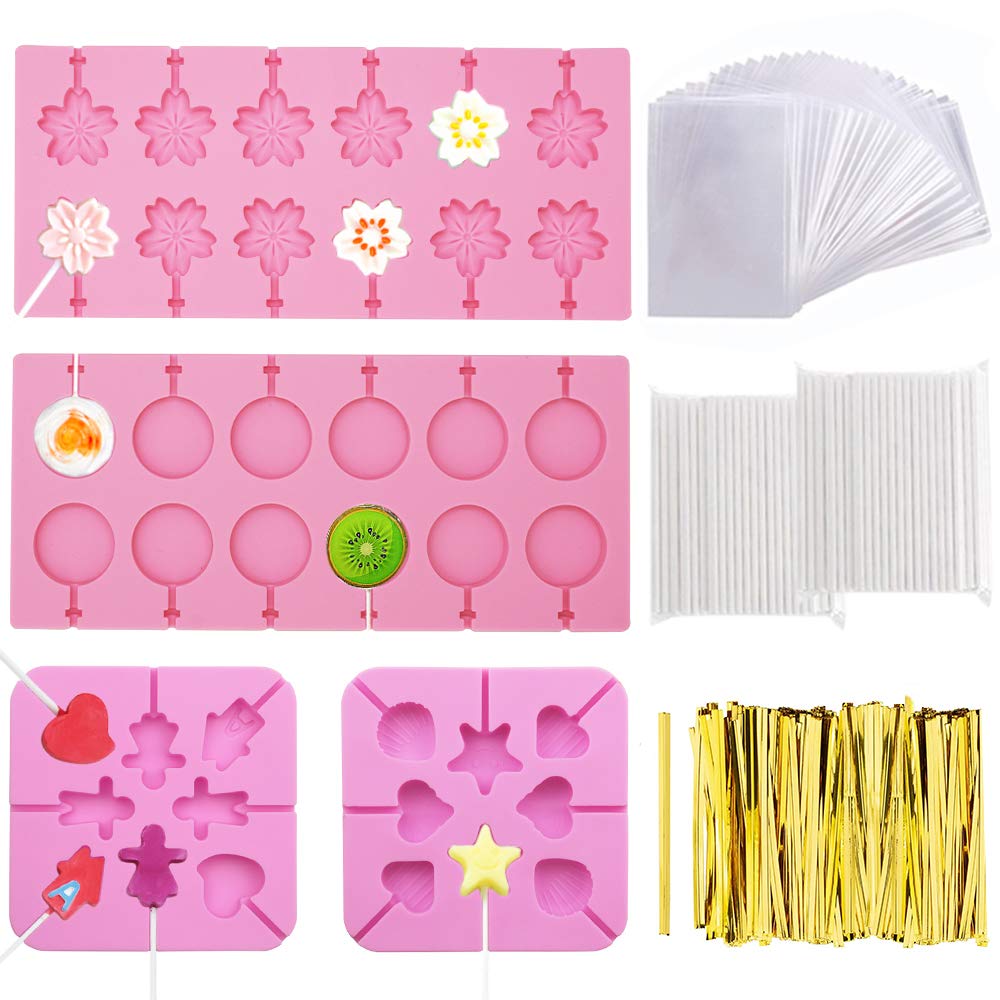 PUDSIRN 4Pack Silicone Lollipop Molds, Round Trays, Cherry Blossoms, Heart Chocolate Hard Candy Mold with 760Pcs Gold Ties, 200Pcs Lollipop Sticks, 100Pcs Lollipop Bags