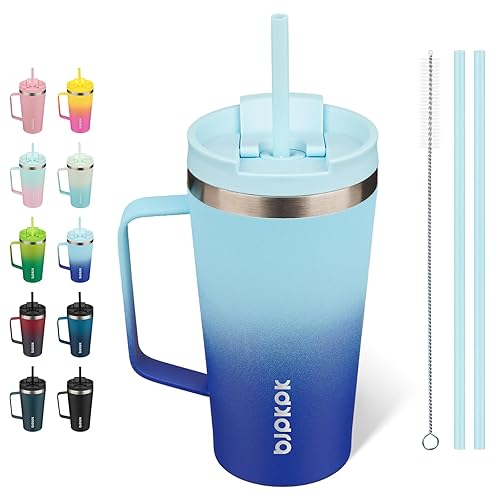 BJPKPK Insulated Tumbler with Handle, 18oz Insulated Tumblers with Lid and Straw, Stainless Steel Metal Water Bottles, Coffee Travel Mugs, Cups, Sky