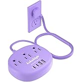 Purple Extension Cord with Surge Protected 1080J - 5 FT Flat Power Strip, 1625W Cute Extension Cord with 3 AC Outlet 4 USB (24W/4.8A), Compact for Cute Purple Kawaii Lavender Accessories