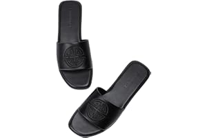 Stratuxx Kaze Womens Flat Sandals Dressy Summer Slide with Memory Foam Comfortable Cute Leather Black Sandals for Women