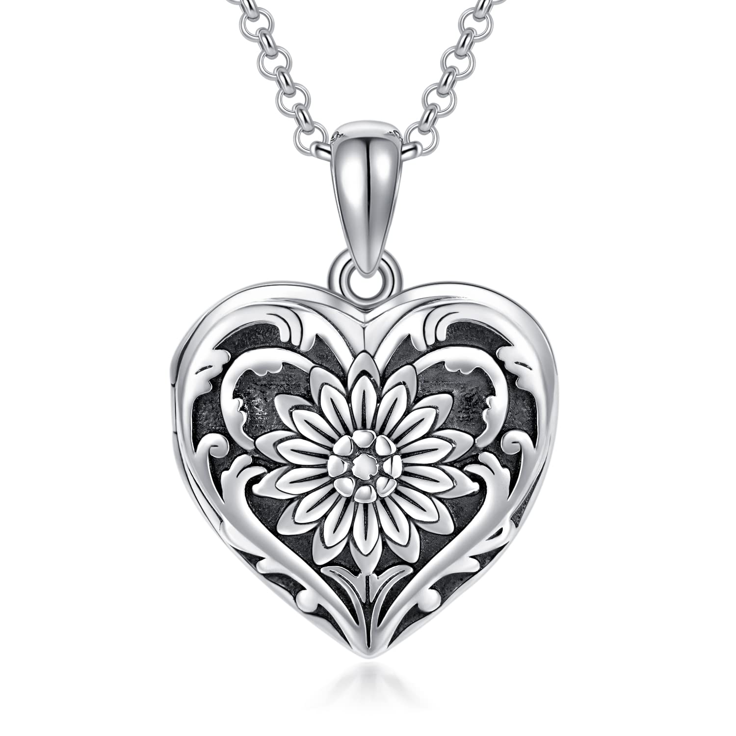 SOULMEET Personalized Sterling Silver Heart Shaped Locket Necklace That Holds 2 Pictures Memorial Photos Sunflower Pendant Necklace for Women Girls