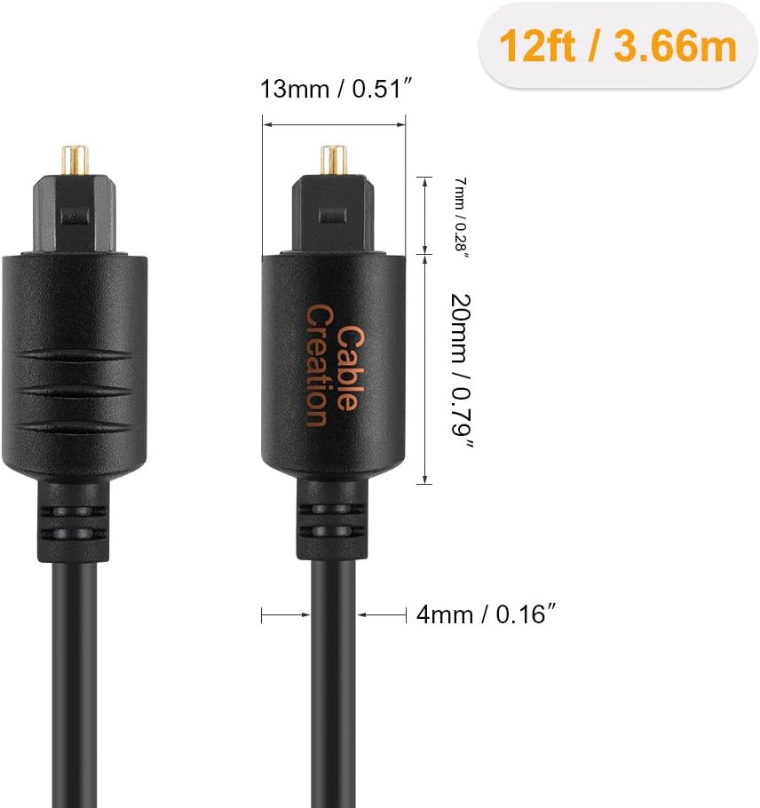 12FT Digital Optical Audio Cable, CableCreation Toslink Cable Male to Male Digital Optical Cable with Gold-Plated Connector for Home Theater, Sound Bar, VD/CD Player,Blu-ray Players,Game Console&More: Electronics