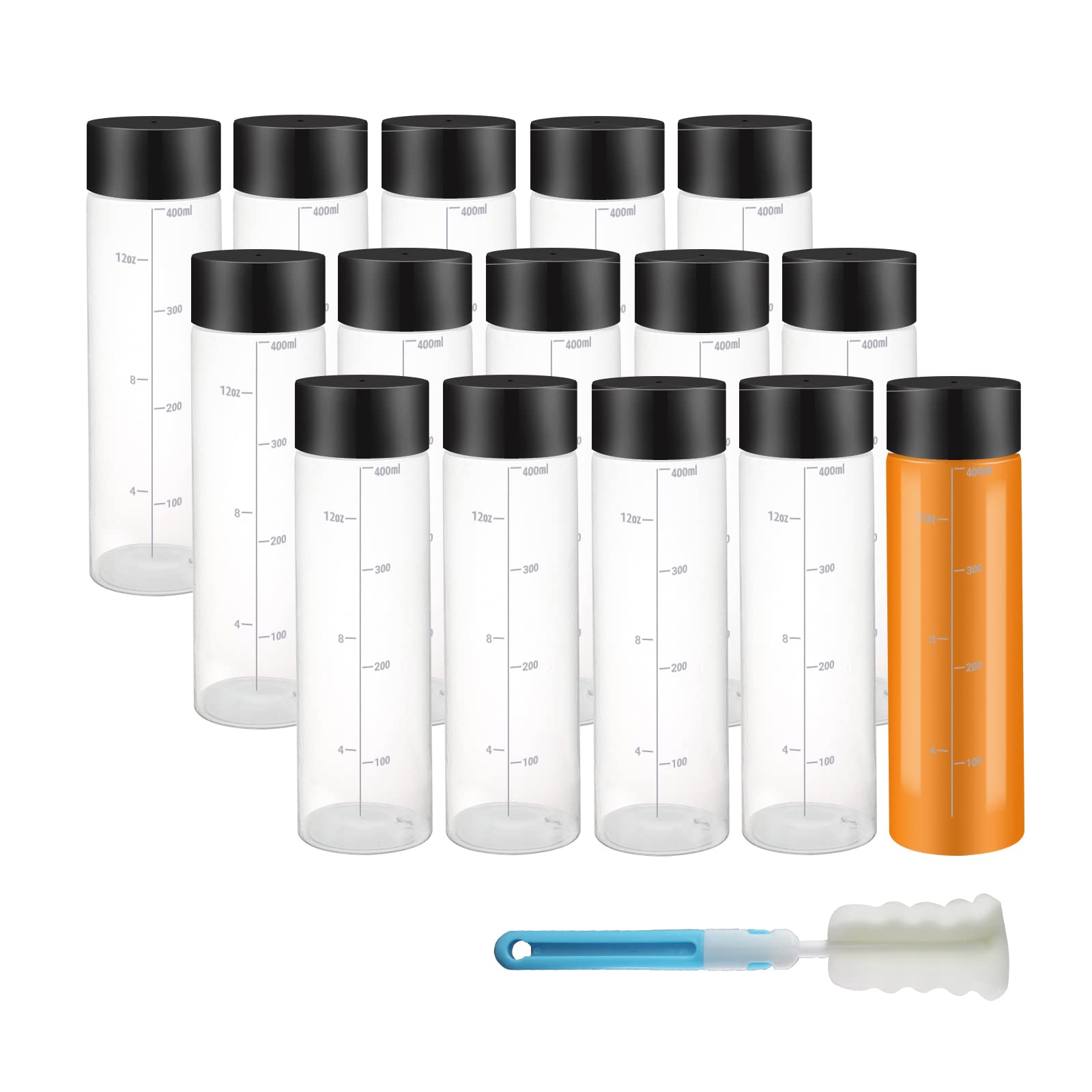 YBCPACK 15 Pack 400 ml PET Bottles - Wide Mouth Empty Plastic Juice Bottles with Caps and Brush - Clear Bottle with Lids, Sensory Bottle Ideal for Smoothie