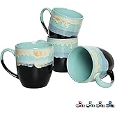 Bosmarlin Ceramic Coffee Mug Set of 4, 17 Oz, Coffee Cups with Big Handle, Microwave Safe, Unique Reactive Glaze(17 Oz, Pastel Blue)