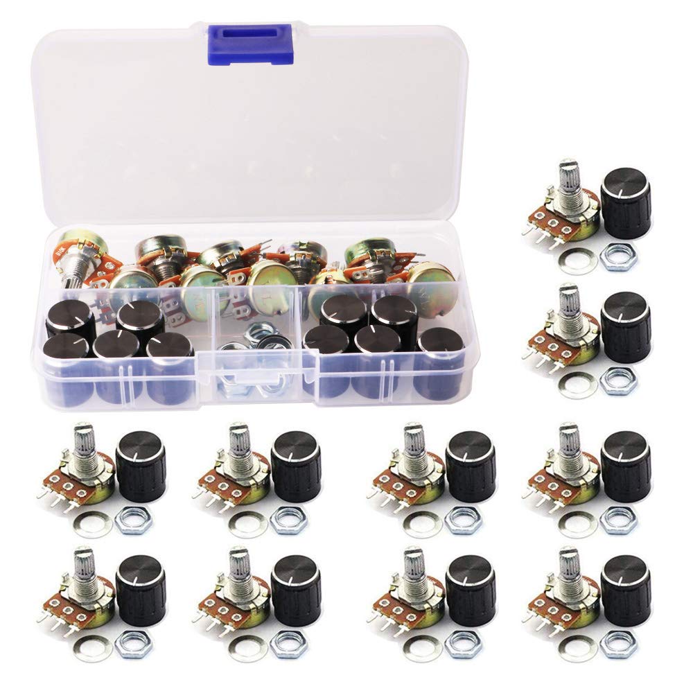 GTIWUNG 10Pcs B10K Ohm Knurled Shaft Linear Rotary Taper Potentiometer with Black Knob(WH148) Kit, Knob Linear Potentiometer 3 Terminal Rotary Potentiometer