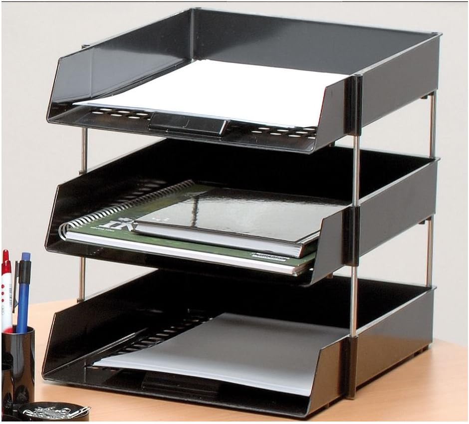 OfficeForce 3 Black A4/Foolscap Letter Trays with 2 Sets of Metal Riser