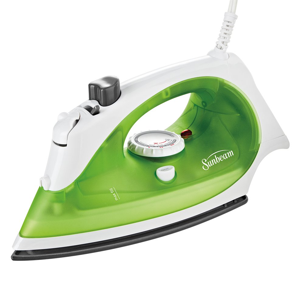 Sunbeam Simple Press 1100 Watt Compact Anti-Drip Non-Stick Soleplate Iron with Timed Auto-Off System, White/Green, GCSBBV-395-000