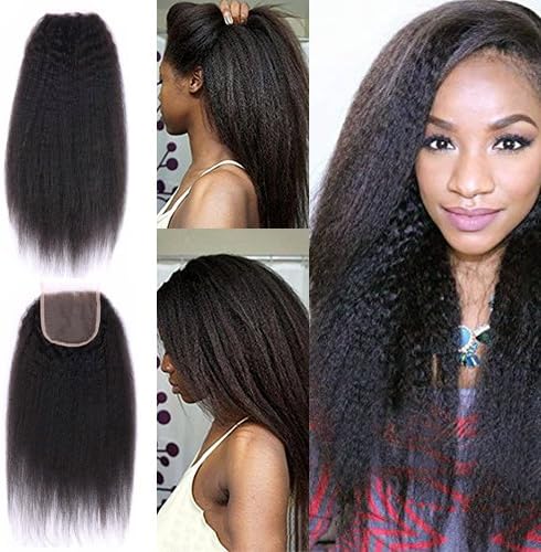 Hailey Hair 7A Virgin Brazilian Human Hair Lace Top Closure Kinky Straight Bleached Knots with Baby Hair Closure 4"x4" Swiss Lace Closure Free Part, Natural Color 8inch