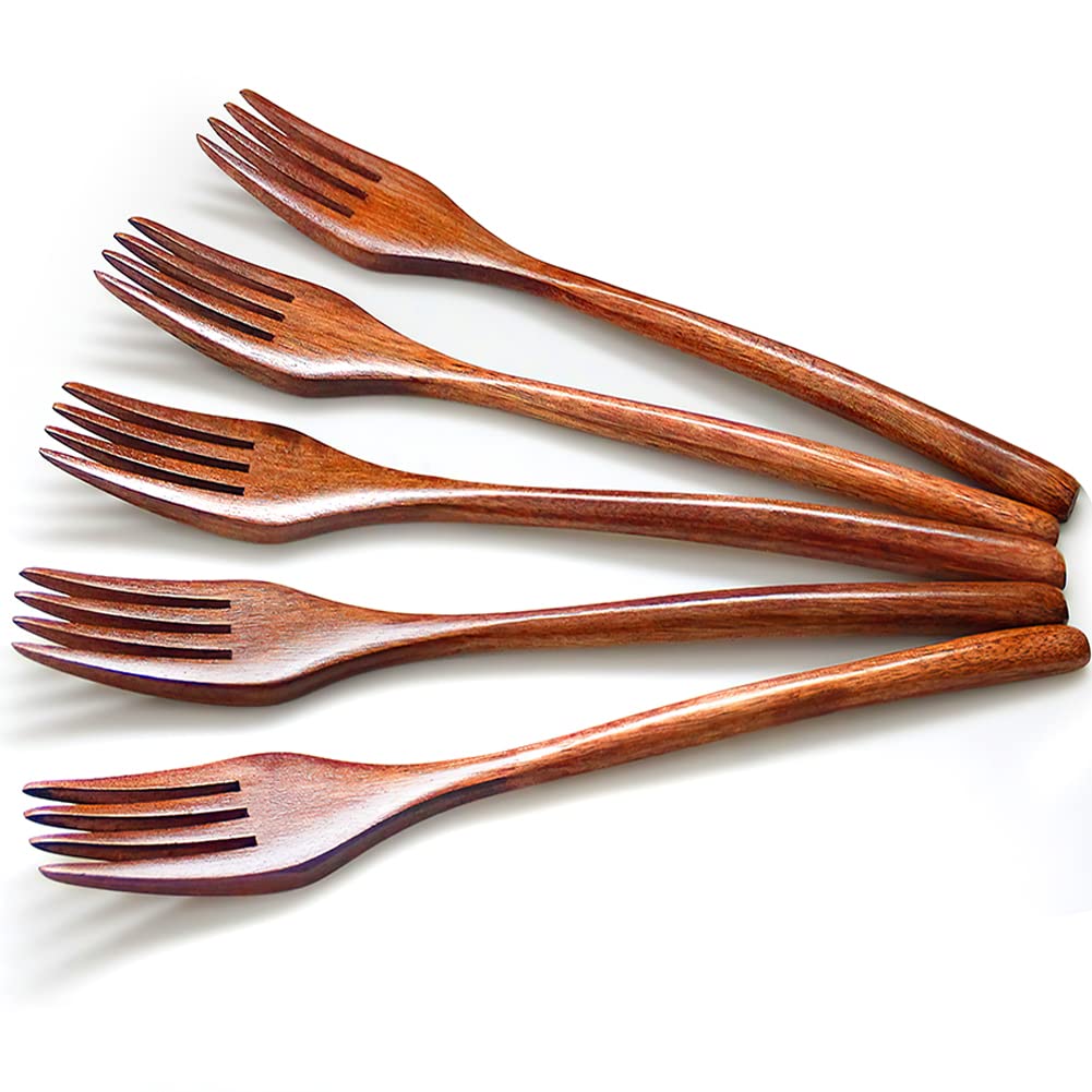 AOOSY Wooden Forks,5 Pieces Wood Vintage Style Brown Practical Table Japanese Wood Salad Dinner Kitchen Eating Cooking Fork Set for Kids Adult