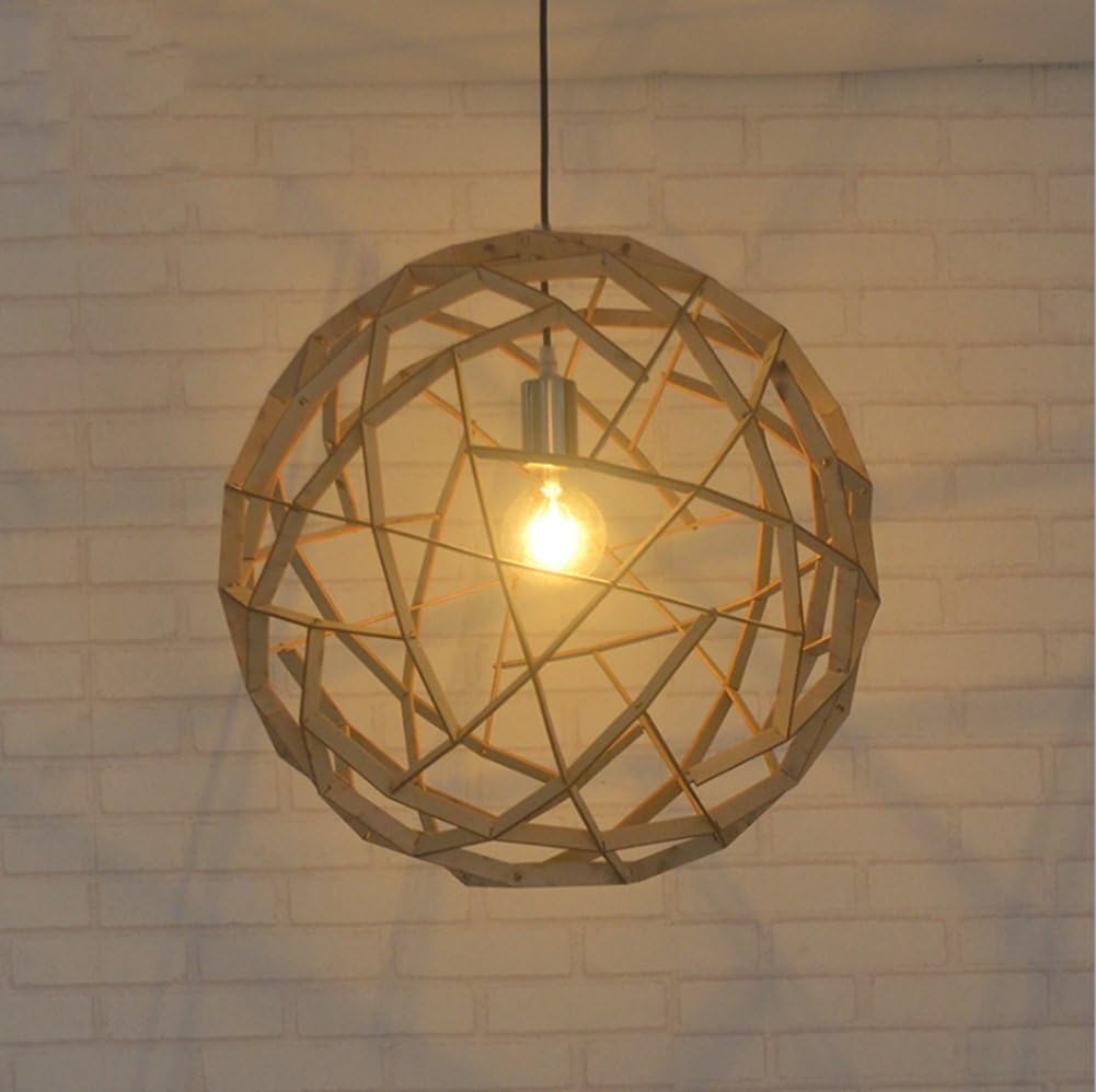 HJHY® Polyhedron Pendant lamp Basswood Splint Beauty and Simplicity Meal Hanging Diameter 40cm Easy to Clean (Color : Wood Color)
