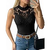 CHICME Women's Sleeveless Lace Mock Neck Ribbed Knit Tank Top Fitted Dressy Summer Mesh Knit Turtleneck Tops