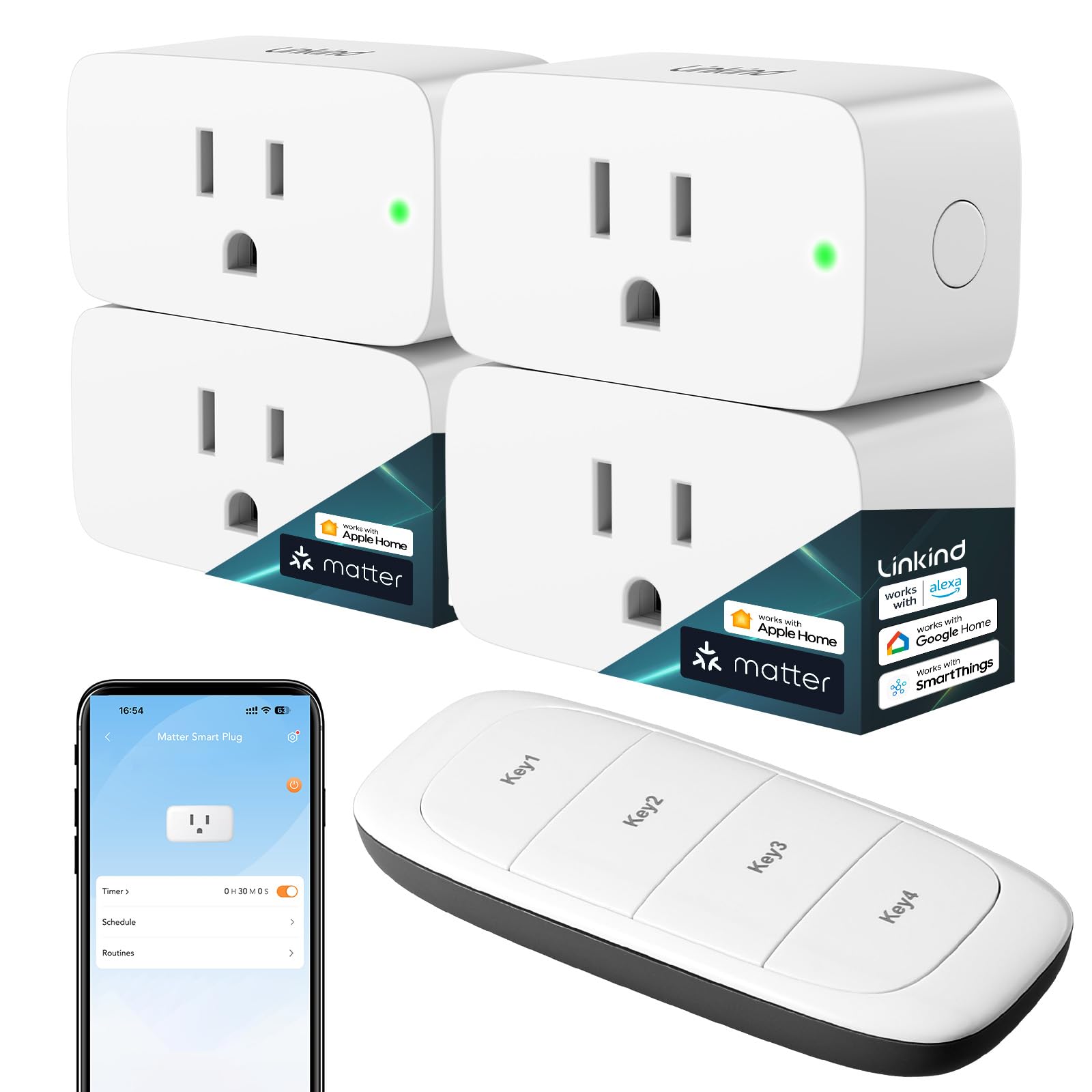 Photo 1 of Linkind Matter Smart Plug with Remote, Work with Apple Home, Siri, Alexa, Google Home, SmartThings, Smart Outlet 15A/1800W Max, Smart Automation, Remote Control,Timer&Schedule, 2.4G Wi-Fi, 4 Packlpnpmer0774373
