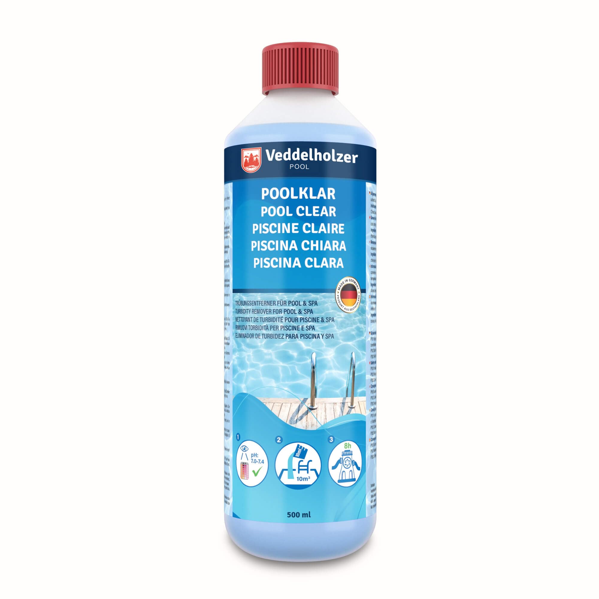 Veddelholzer Pool Clear. Crystal clear for pool, whirlpool & paddling pool. Optimal pool & whirlpool accessories against cloudy pool water. Suitable for all filter types and systems.