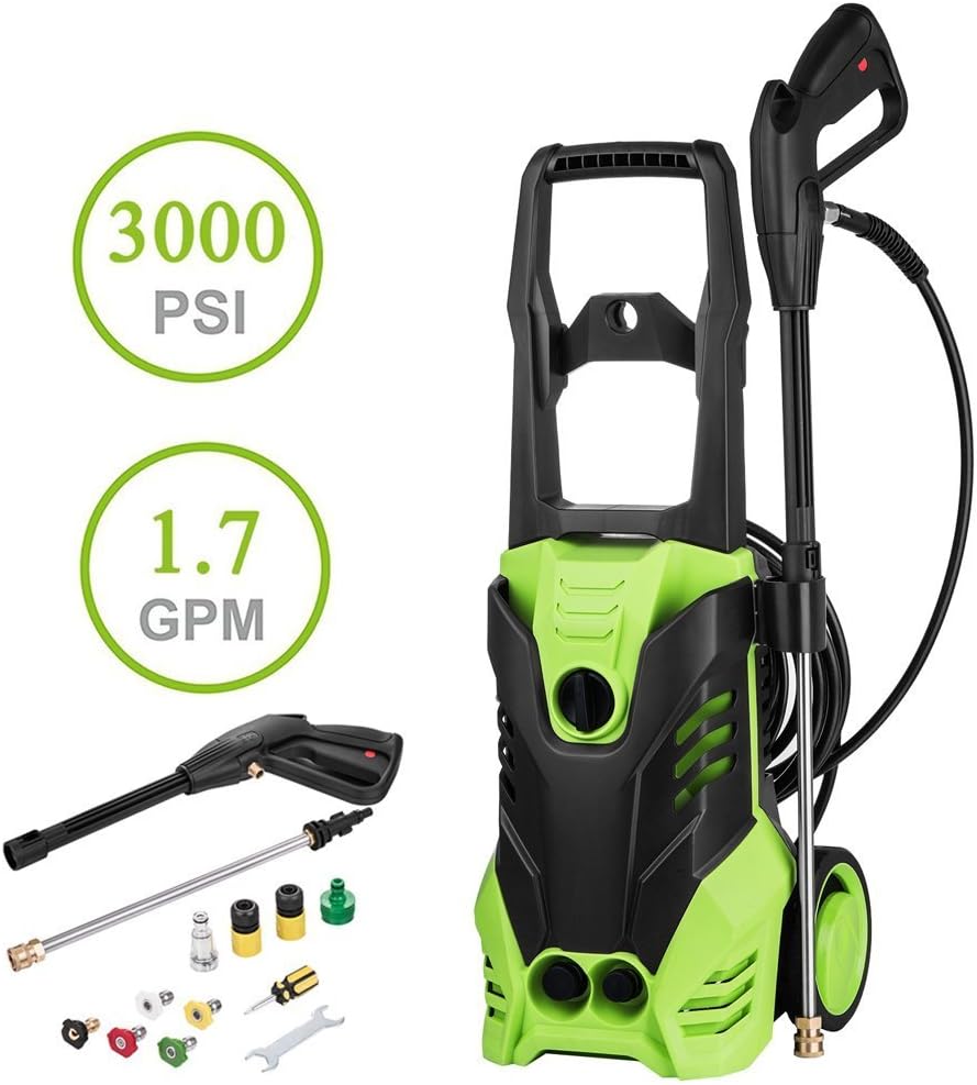 Kindsells 3000 PSI Electric Pressure Washer, 1800W 1.7GPM High Pressure Washer Portable Cleaner Machine with Nozzle Hose Rolling Wheels Green (US STOCK)