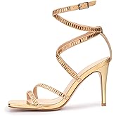 FRJR Strappy Heels for Women Lace up High Heel Sandals Square Open Toe Rhinestone Ankle Strap Stiletto Heels Sexy Prom Dress Party Wedding Heeled Shoes
