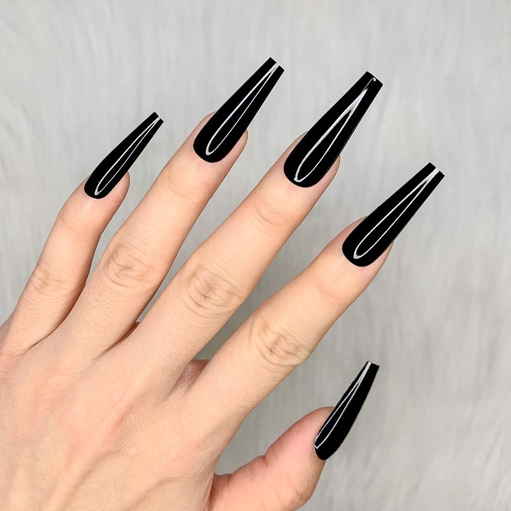 Artquee 24pcs Black Pure Color Ballerina Long Coffin Glossy Fake Nails Press on Nail False Tips Manicure for Women - Image 5
