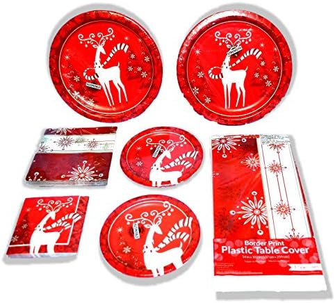 Christmas Disposable Dinnerware for 16 Guests 67 Pieces, Tablecloth, Napkins, Plates Made in U.S.A.